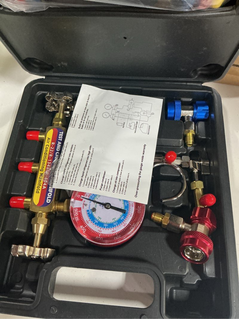 Condition photo showing Good Condition for 2026 complete 42006 r134a test and charge manifold set, r-22/134a/404a | hvac manifold set with 72" hvac hoses and quick connect fittings, can opener, adapter & replacement repair parts, toolbox upgrade 42006 manifold kit