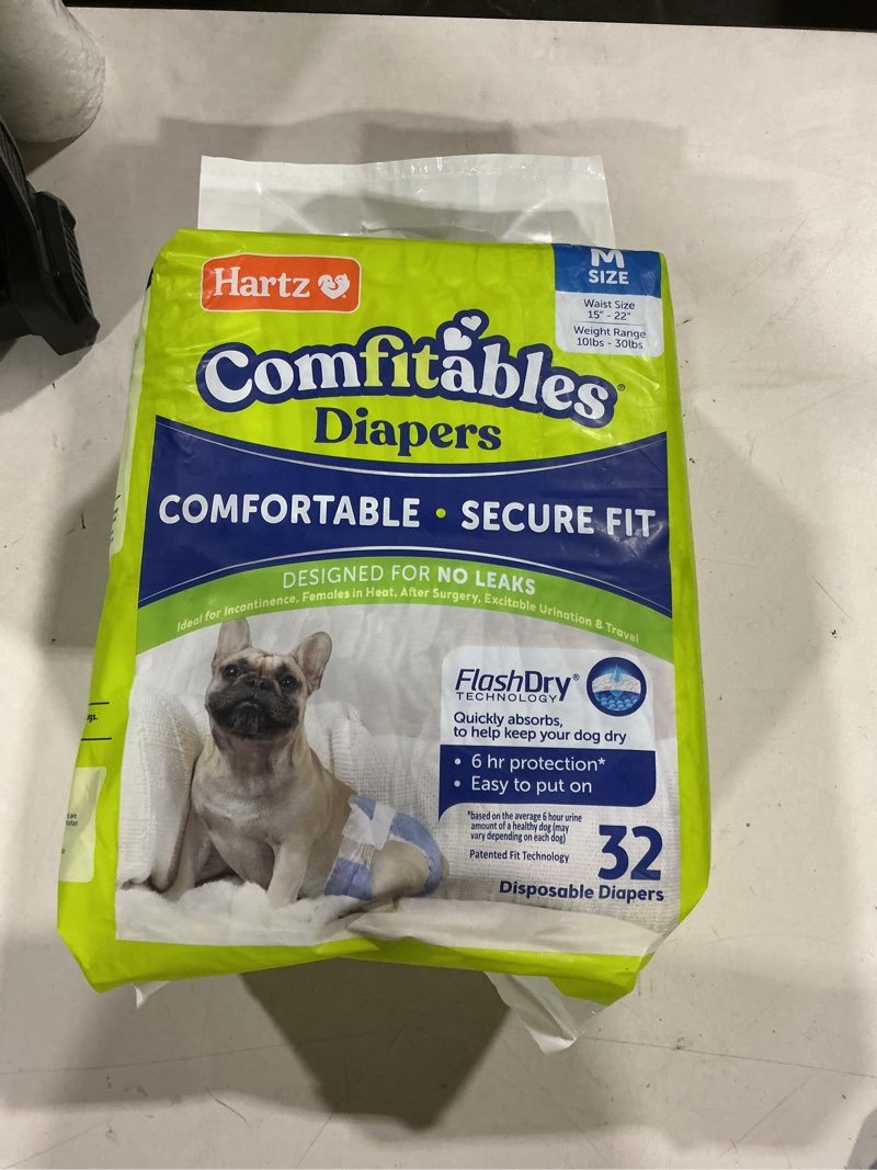 Condition photo showing New/Like New for hartz disposable dog diapers, size m 32 count, comfortable & secure fit, easy to put on value pack medium