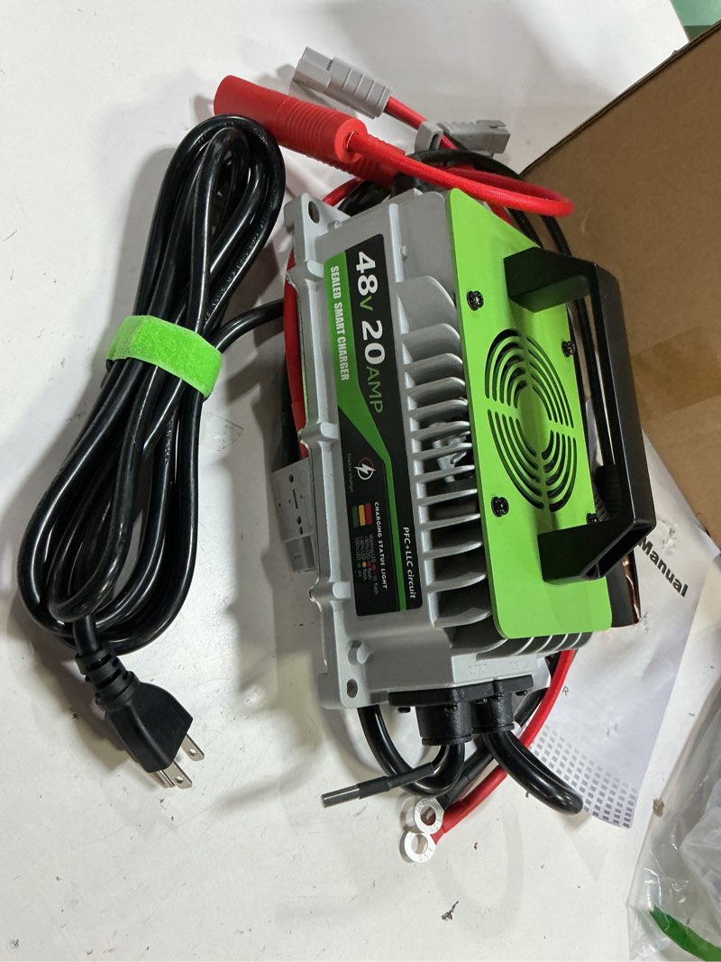 Condition photo showing As Is for 48v/58.4v 20a lithium battery charger, 1000w fast charger for 48v (51.2v) lifepo4 battery, ip67 waterproof, anti-drop and heat dissipation, suitable for 48v golf cart,forklift,boat,electric outboard