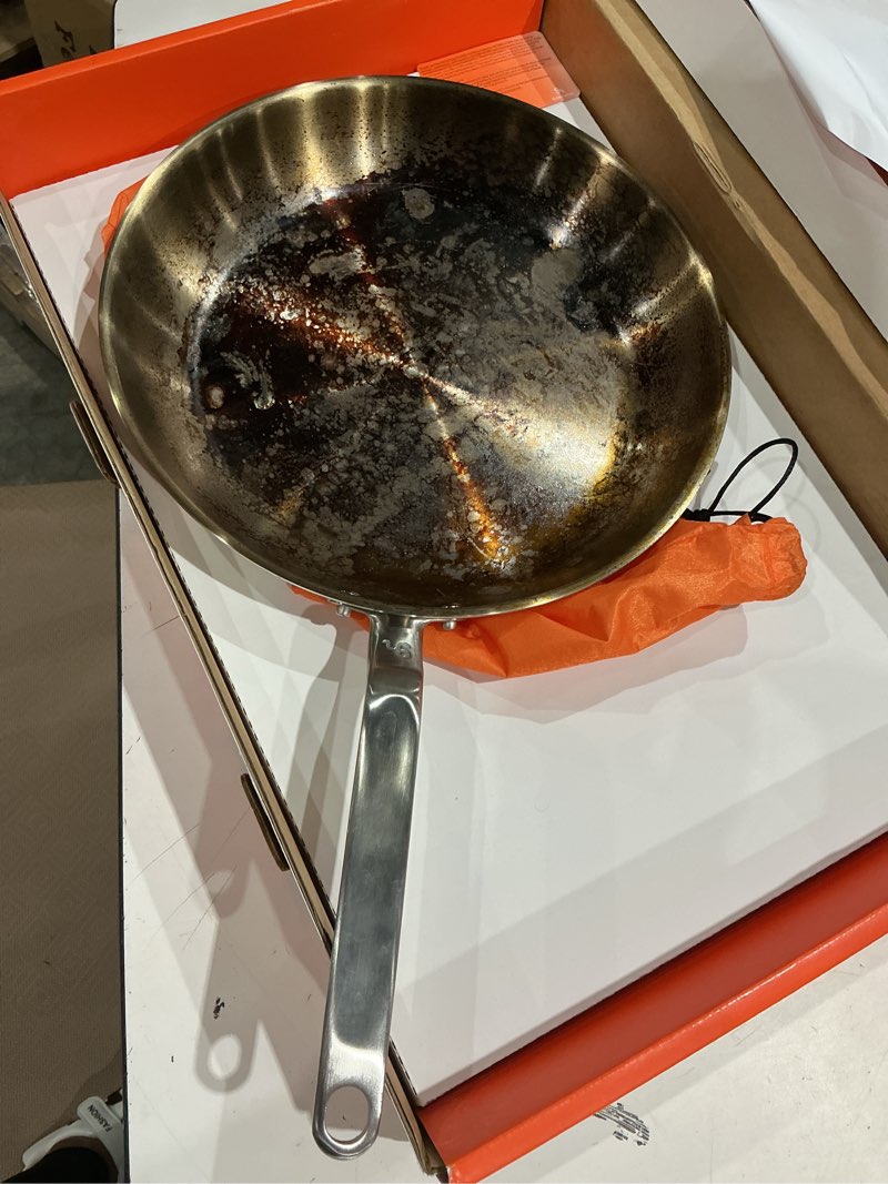 Condition photo showing As Is for 12\" 5-ply stainless steel frying pan | dual aluminum core, uncoated surface, oven & broiler safe 800°f, induction ready, dishwasher safe, searing & family meals 12 inch
