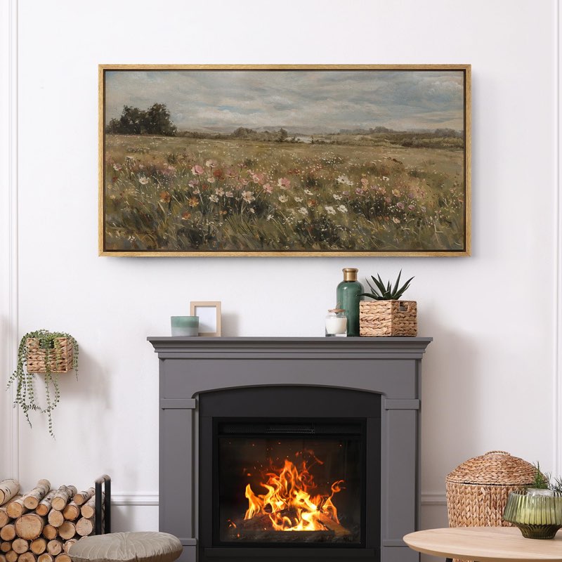 countryside wildflowers landscape rustic french artwork - extra large framed wall art canvas print 20”x60”