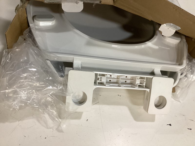 Condition photo showing As Is for round toilet seat, standard 16.5” slow/soft close round toilet seat for round toilets, no-slam quiet-close lid, easy-to-install, white, durable never-loosen design white round(standard)