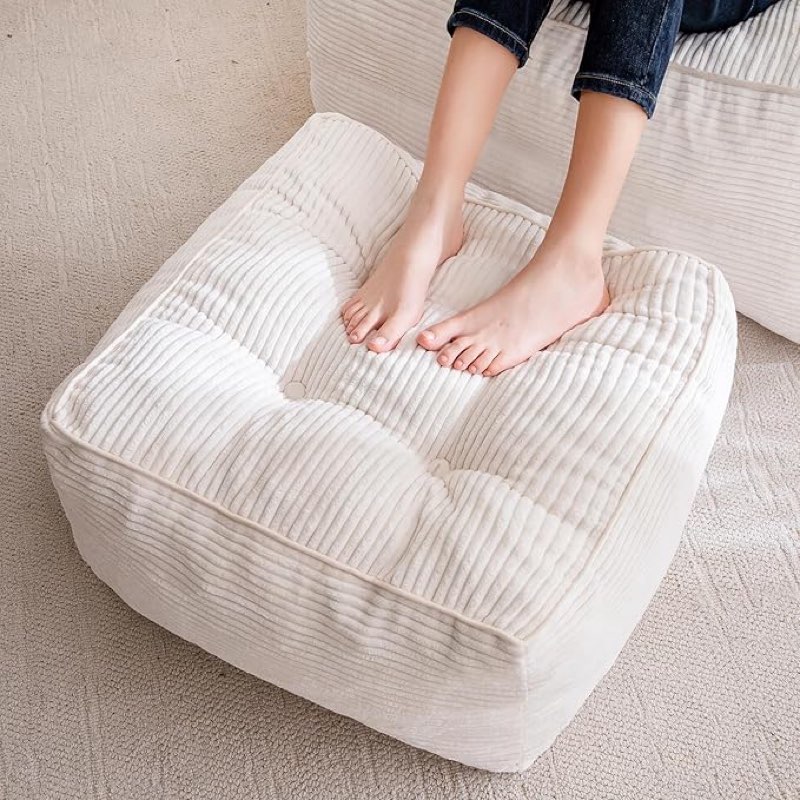 HIGOGOGO Square Stuffed Pouf Ottoman, Corduroy Poufs with Foam Chunk Filling, Furry and Fluffy Pouf Foot Stool Storage Ottoman, 21X21 Floor Poufs Foot Rest for Living Room, color is Beige (Similar No same)
