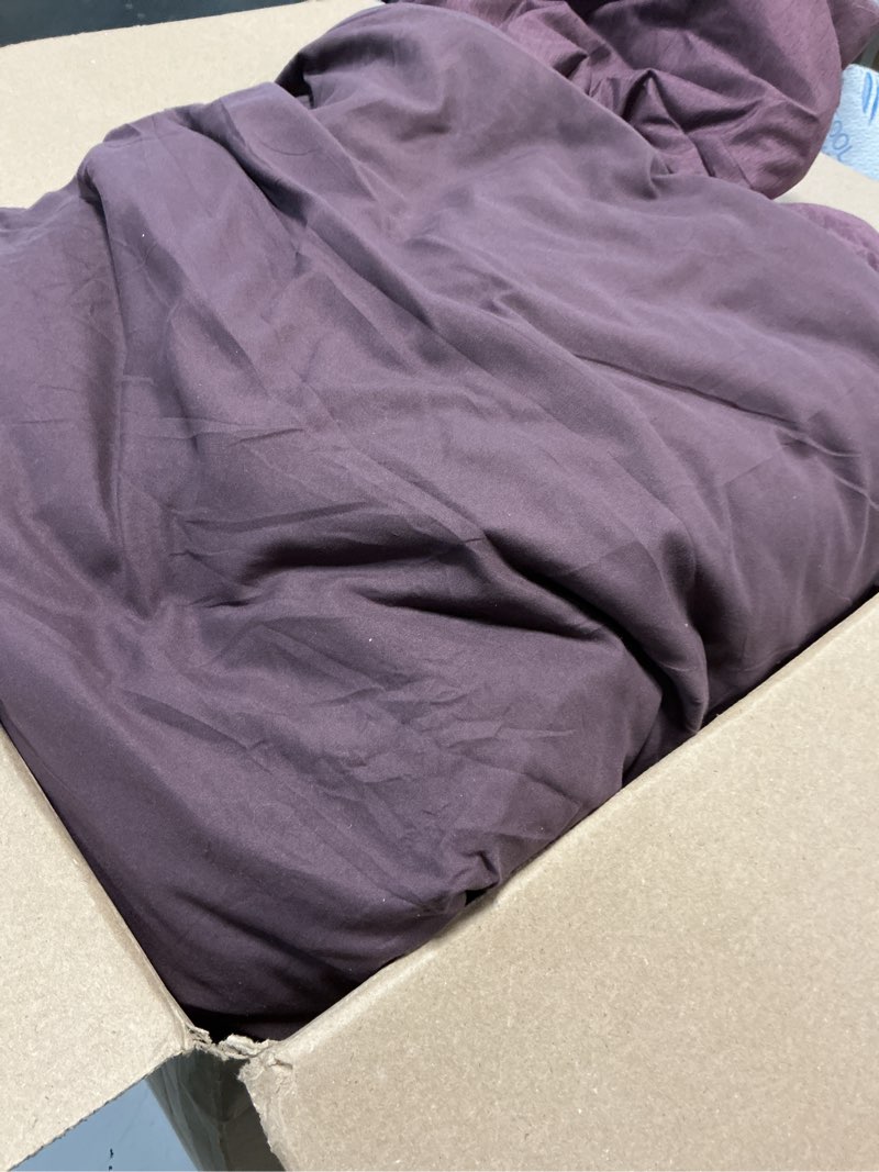 Condition photo showing As Is for monbix queen comforter set - 7 pieces cationic dyeing italian plum bed in a bag queen bedding sets with comforter, sheets, pillowcases & shams, reversible bedding comforters sets italian plum 7piece-queen(90”x90'')