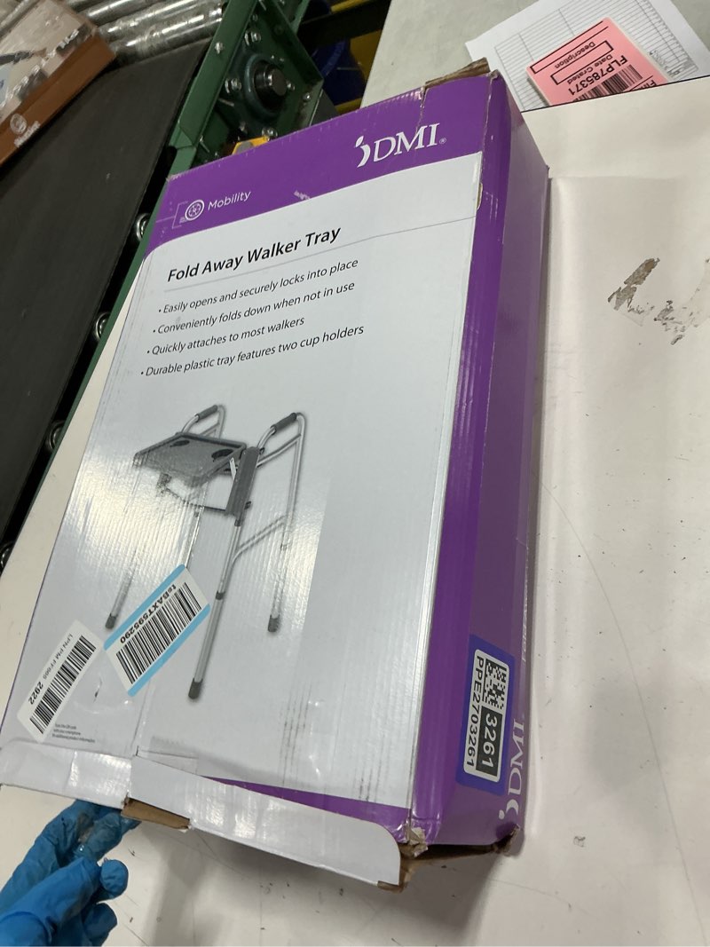 Condition photo showing New/Like New for DMI Walker Tray, Rollator Tray, Mobility and Walker Accessory Tray Table Fits Most Standard Walkers, Folding with Two Cup Holders and Tool Free Assembly, 16 x 11.8 inch Gray 1 Count (Pack of 1)