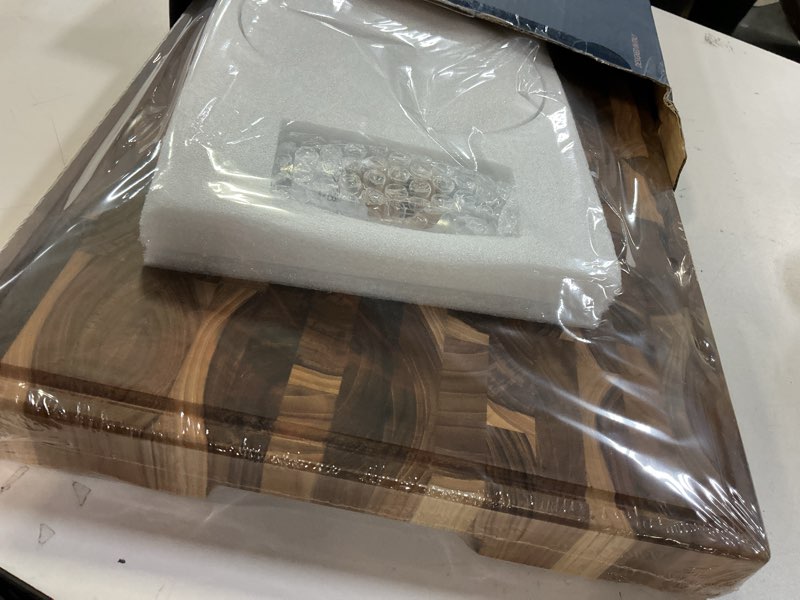 Condition photo showing As Is for Teak Cutting Board - 19.7 x 12.2 Inch (ExtraThick 1.7") Premium Quality Butcher Block for Meat, Cheese, Charcuterie Board. Heavy Duty End Grain Wood Chopping Board with Handle (Oil & Plate Included) Teak Wood 19.7"L x 12.2"W