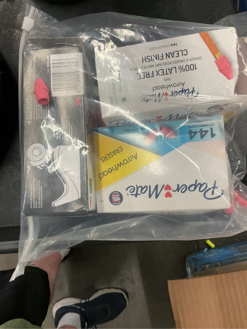 Condition photo showing Good Condition for set of 3 miscellaneous office supply items (2 boxes paper mate arrowhead erasers, scotch desk top dispenser)