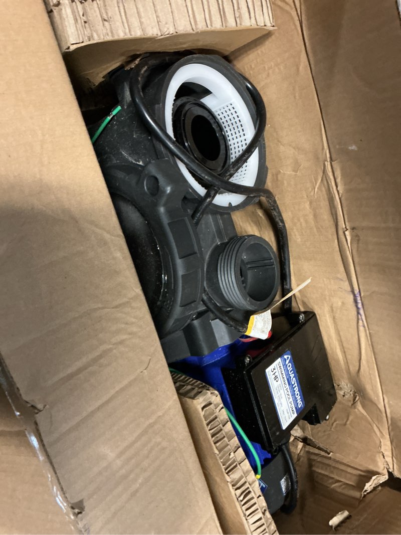 Condition photo showing As Is for aquastrong 1.5hp in/above ground pool pump with timer, 115v, 8100gph, high flow, powerful self primming swimming pool pumps with filter light blue