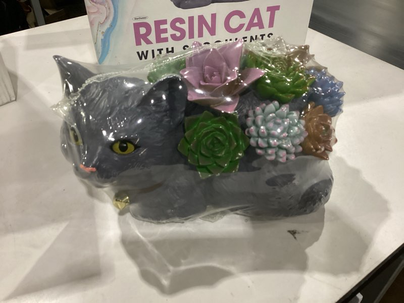 Condition photo showing New/Like New for Adorable Resin Cat with 9 Resin Succulents, Ideal Gift for Cat Lovers, Retirement, House Warming, Sympathy, Memorial Etc. (Grey) Gray