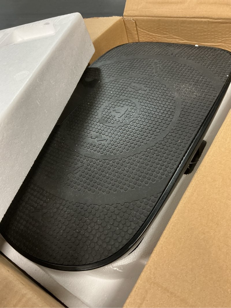 Condition photo showing As Is for merach vibration plate exercise machine, curved vibration plate for lymphatic drainage weight loss, vibrating plate with real-time calorie tracking on led display, workout equipment for home women men black