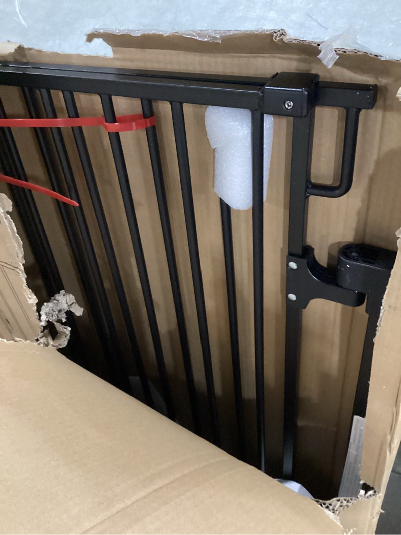 Condition photo showing As Is for cumbor 34" extra tall no bottom bar baby gate for stairs, hardware mounted dog gate indoor for larger pets, expandable 31.6-48" safety gate for doorways, wide walk thru door for easy access (black) black hardware mounted only (no bottom bar) 31.6"-48" w x 34" h