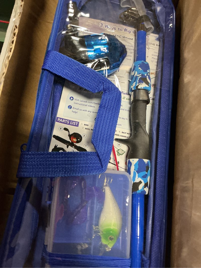 Condition photo showing Good Condition for lanaak kids fishing pole, kids portable telescopic fishing rod set, tackle box and fishing net combo kit, kids fishing gear for boys and girls age 5-10 and youth blue 1.5m or 4.9 ft