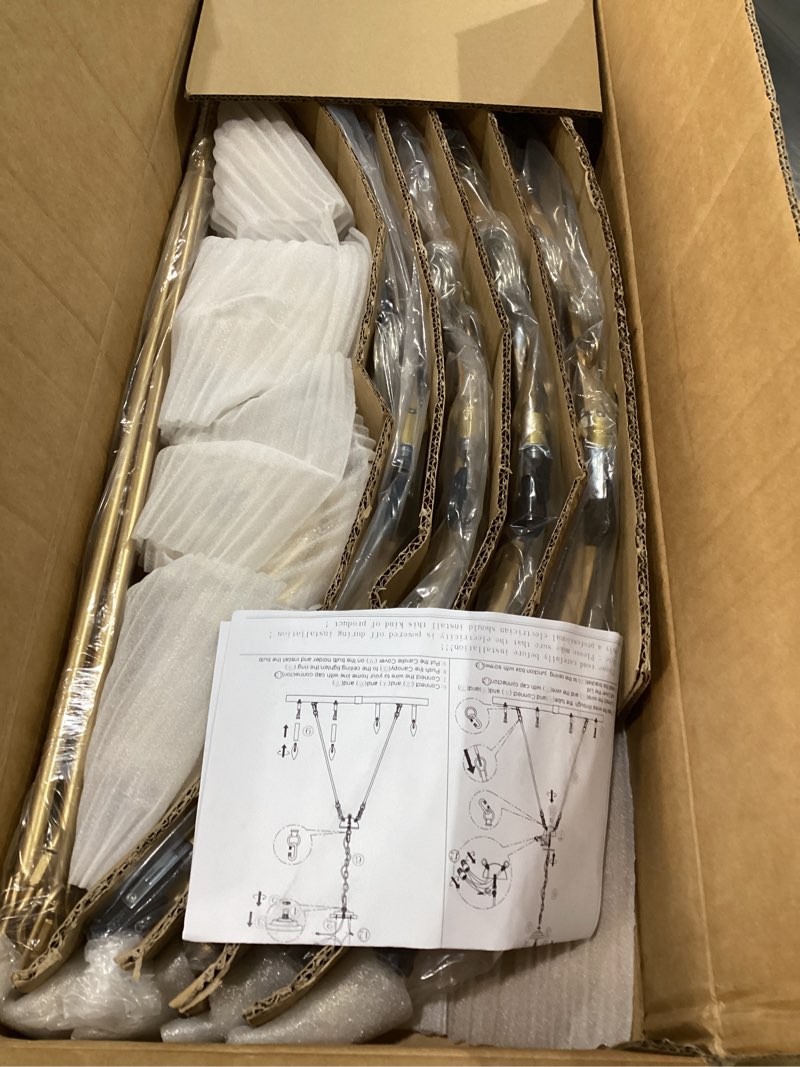 Condition photo showing New/Like New for Gold Wagon Wheel Chandelier 37.4 inch, 12-Light Large Round Industrial Gold Farmhouse Chandeliers for High Ceilings Dining Room Living Room Foyer Entryway Outdoor Porch Gold 12 Light--E12