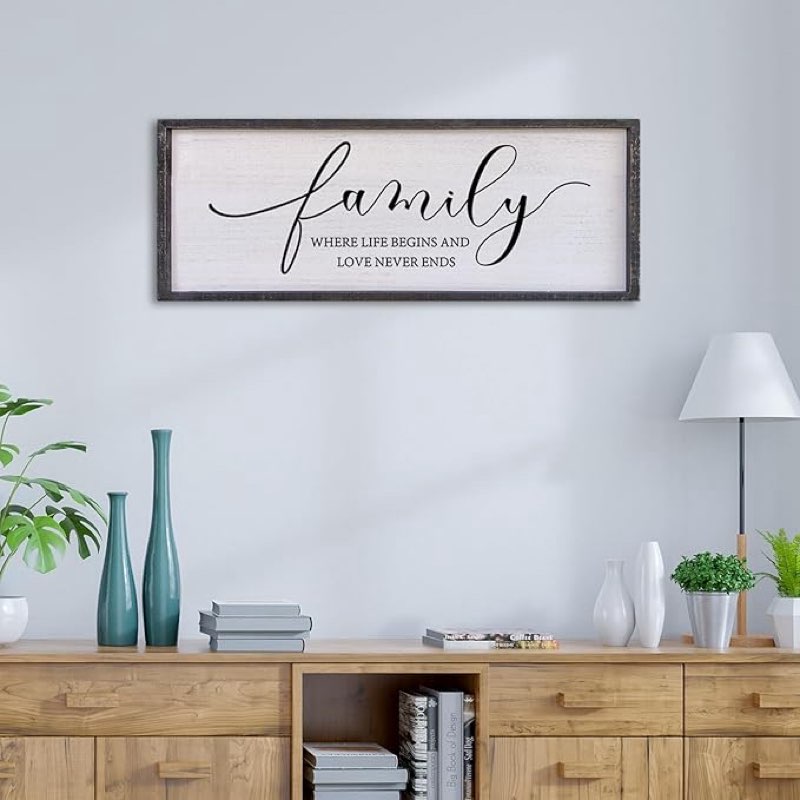 surfapans family where life begins love never ends wall decor 32"x12" living room hallway entryway vintage large farmhouse inspirational quotes motto sign wood framed hanging home wall art (black)