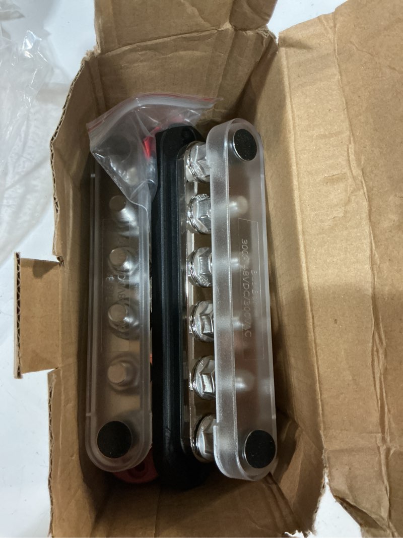 Condition photo showing Good Condition for 300a 12v bus bar with 6 x 3/8" (m10) studs & cover, power distribution block for marine boat solar rv, 12 volt bus bar terminal block kit with 4 awg 1/0 & 8 awg 2/0 copper lugs