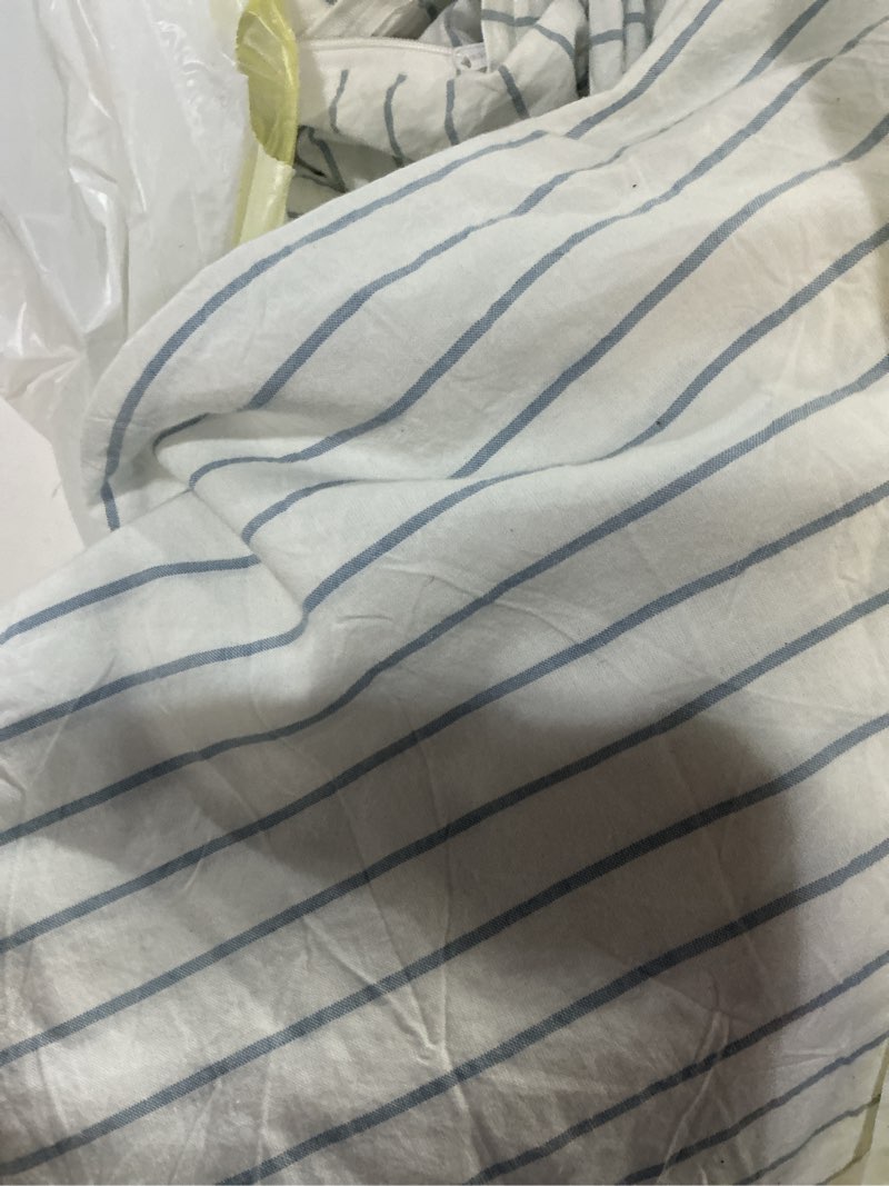 Condition photo showing As Is for MooMee Striped Duvet Cover Set 100% Washed Cotton Linen Like Textured Breathable Durable Soft Comfy (White Cornflower Blue Wide Stripes, Oversized Queen 98"x98") Wide Stripes - White/ Cornflower Blue (No Comforter) Oversized Queen (98"x98")