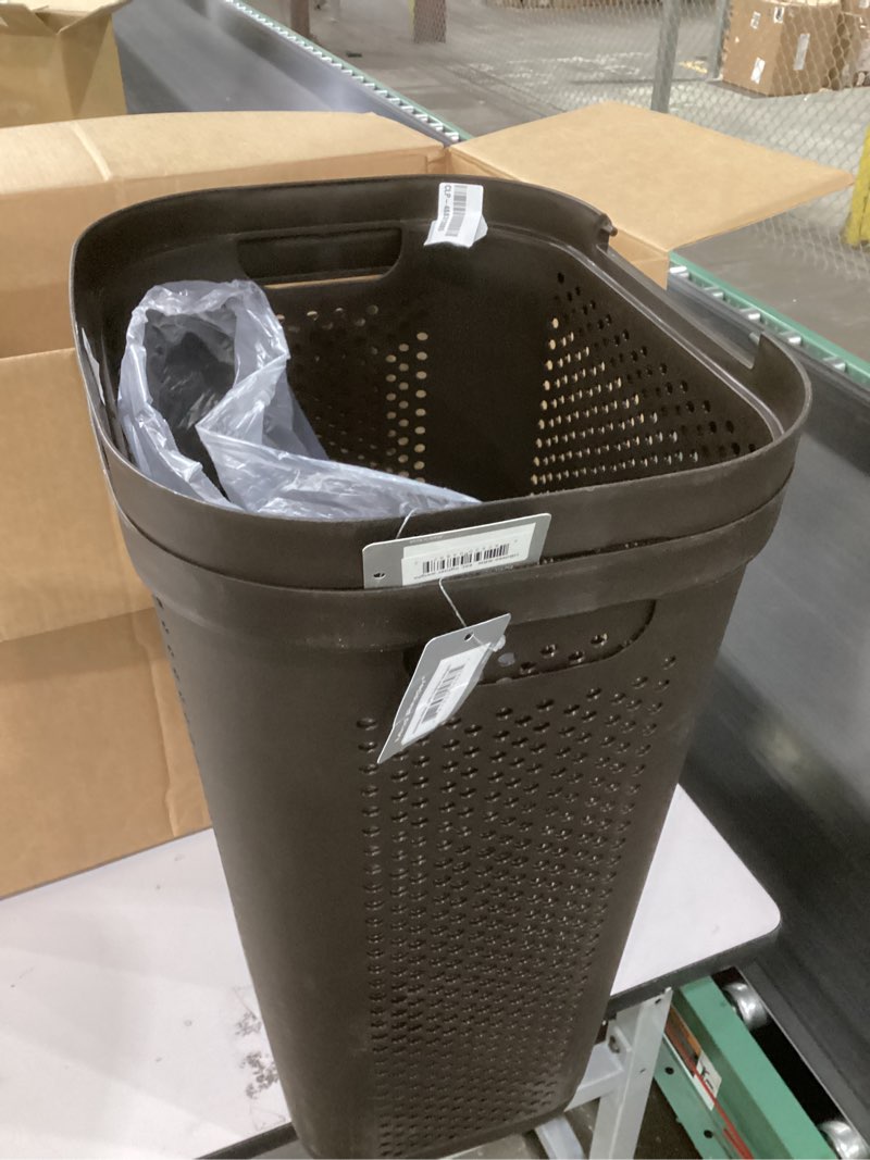 Condition photo showing Good Condition for Mind Reader Slim Laundry Hamper with Lid, 60L Clothes Basket, Ventilated Plastic, Brown