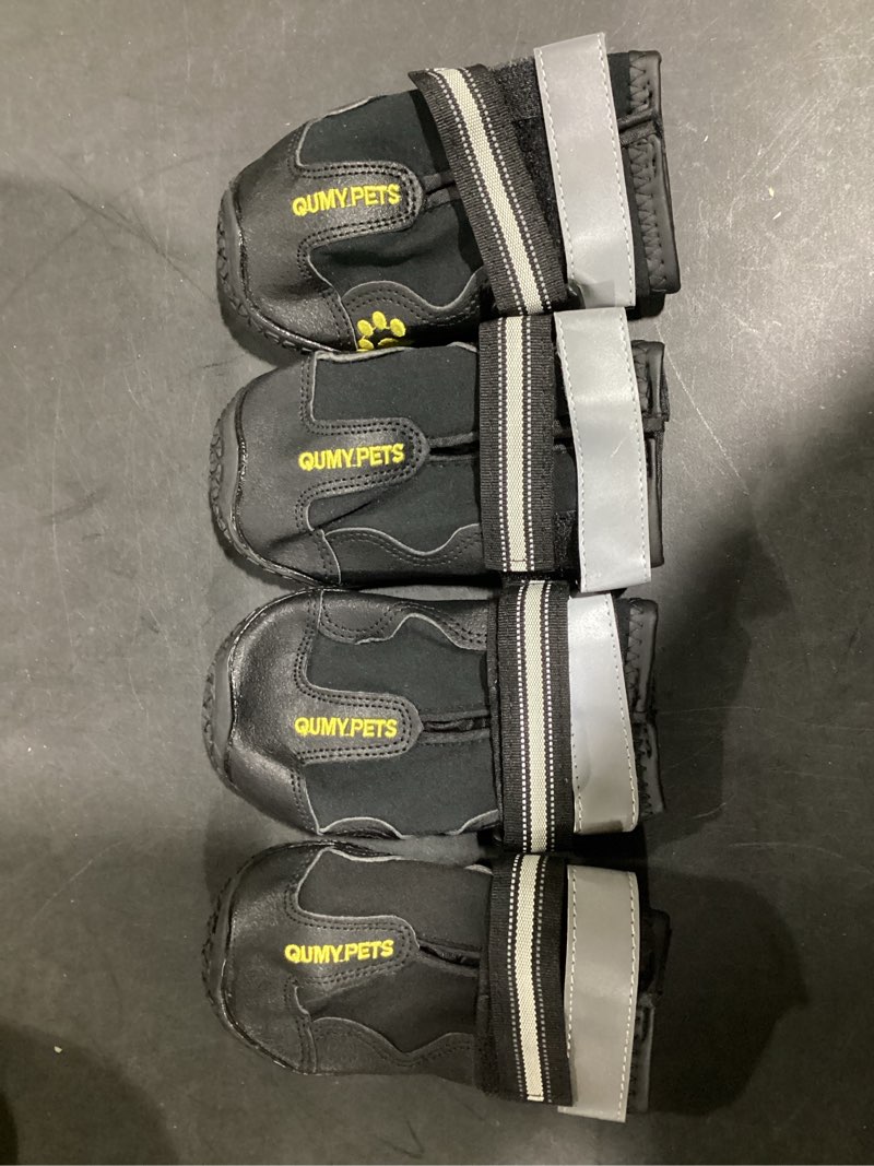 Condition photo showing Good Condition for QUMY Dog Shoes for Large Dogs, Medium Dog Boots & Paw Protectors for Winter Snowy Day, Summer Hot Pavement, Water-Resistant in Rainy Weather, Outdoor Walking, Indoor Hardfloors Skid-Resistant Sole Black Size 6: 2.6''x3.0''(W*L) (Pack of 4)