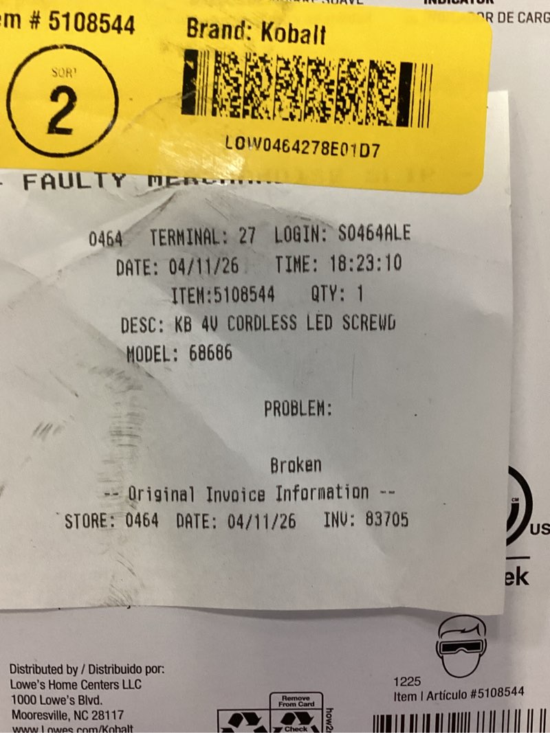 Condition photo showing As Is for kobalt kobalt 4-volt max 1/4-in cordless screwdriver (battery included and charger not included)