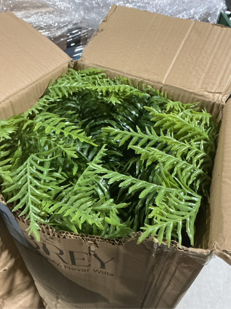 Condition photo showing Good Condition for 2 set fake ferns with hanging baskets, artificial boston ferns for outdoors, realistic fake hanging ferns plants outdoor artificial plants for front porch home décor, no assembly green x 2