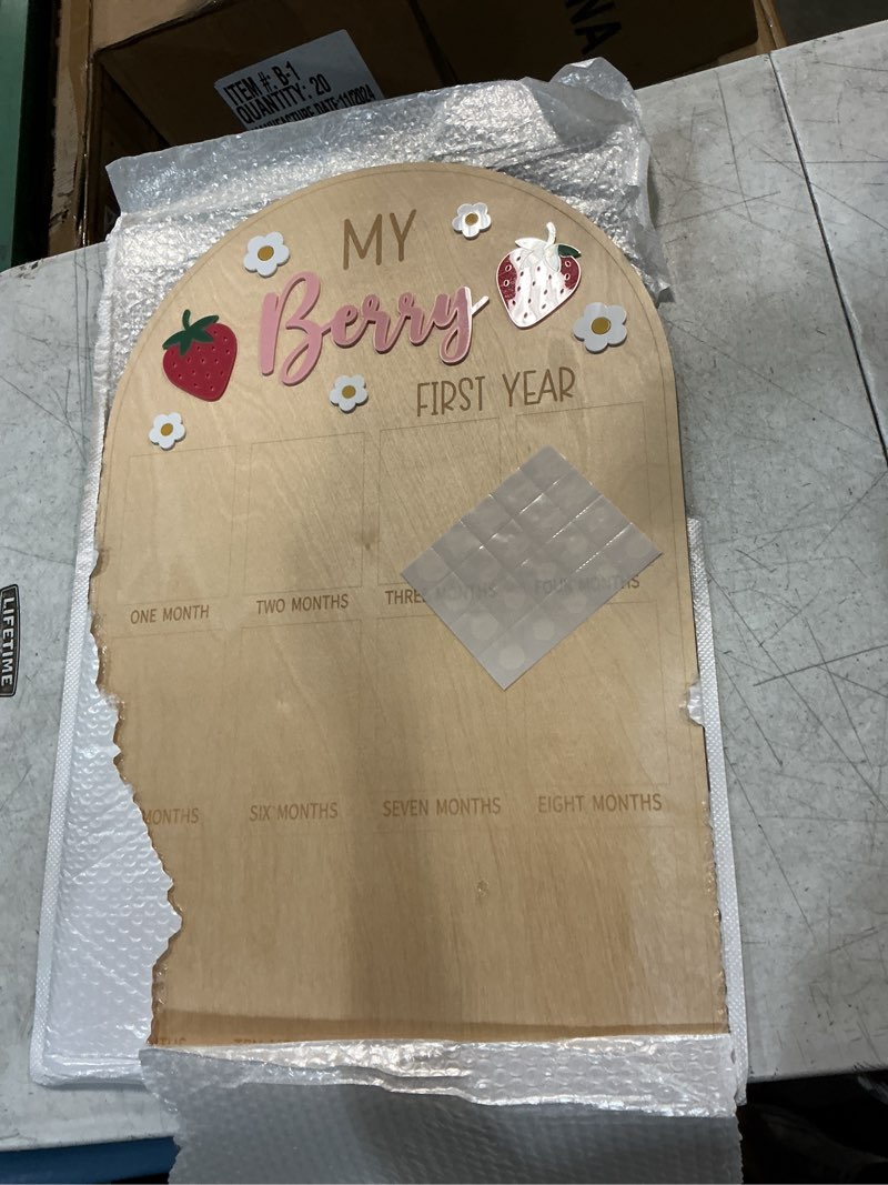 Condition photo showing Good Condition for strawberry my first year photo board - one year old photo display wood board, sweet one monthly milestone photo board, strawberry 1st birthday decoration, 12 months photo display frame (pink words)