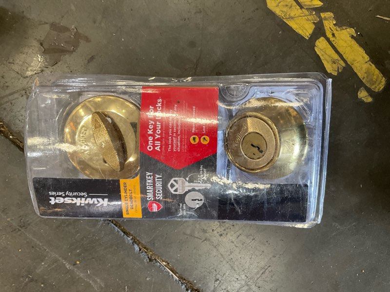Condition photo showing As Is for kwikset smartkey security polished brass metal single cylinder deadbolt