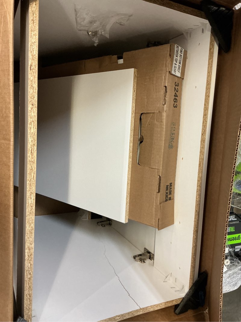 Condition photo showing As Is for project source 30-in white single sink bathroom vanity with white cultured marble top