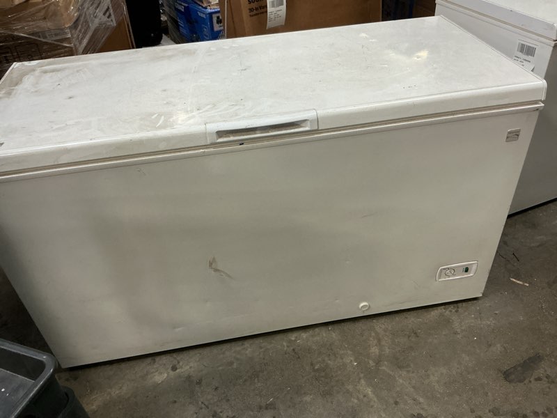 Condition photo showing As Is for kenmore garage ready 14.8-cu ft chest freezer white )