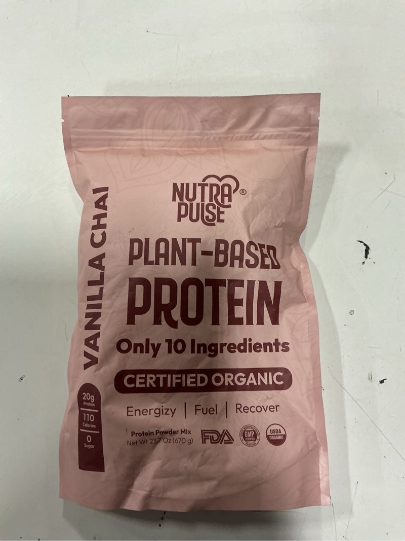 Condition photo showing New/Like New for NUTRAPULSE Organic Vegan Protein Powder – Vanilla Chai Flavor, Plant-Based, Gluten-Free, Non-GMO, So( BB: 01/30/2026)