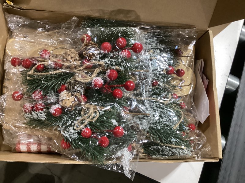 Condition photo showing Good Condition for 12 Pieces Artificial Pine Picks Christmas Tree Picks with Red Berries Pinecones Bowknot Artificial Pine Branches Stems Frosted Holly Spray for Winter Decoration Xmas Party DIY Crafts (12, Red) Red 12