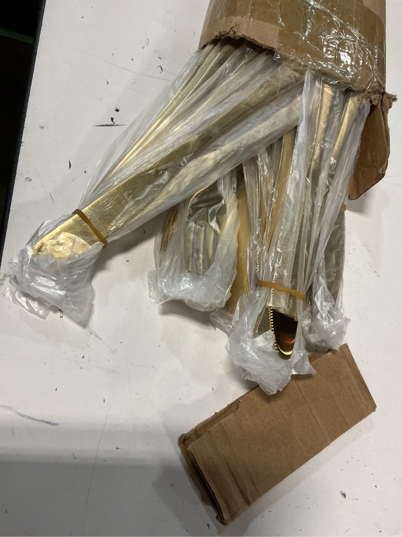 Condition photo showing Good Condition for 100 pcs stainless steel gold silverware set bulk flatware set service for 50, 50 pcs dinner forks and 50 pcs dinner knives tableware cutlery set for butter kitchen restaurant, dishwasher safe