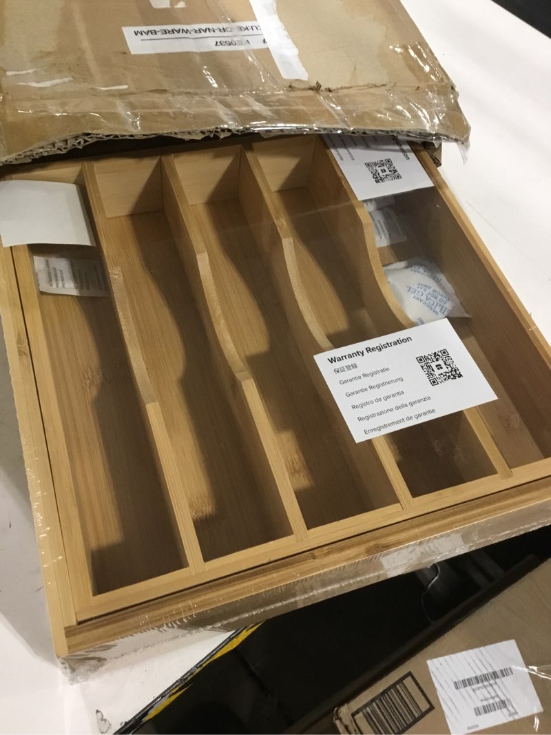 Condition photo showing New/Like New for KitchenEdge Premium Silverware, Flatware and Utensil Organizer for Kitchen Drawers, Food-Safe Contract Grade, Expandable from 10.5 to 19 In, Natural Bamboo From 10.5" to 19" wide Natural Bamboo