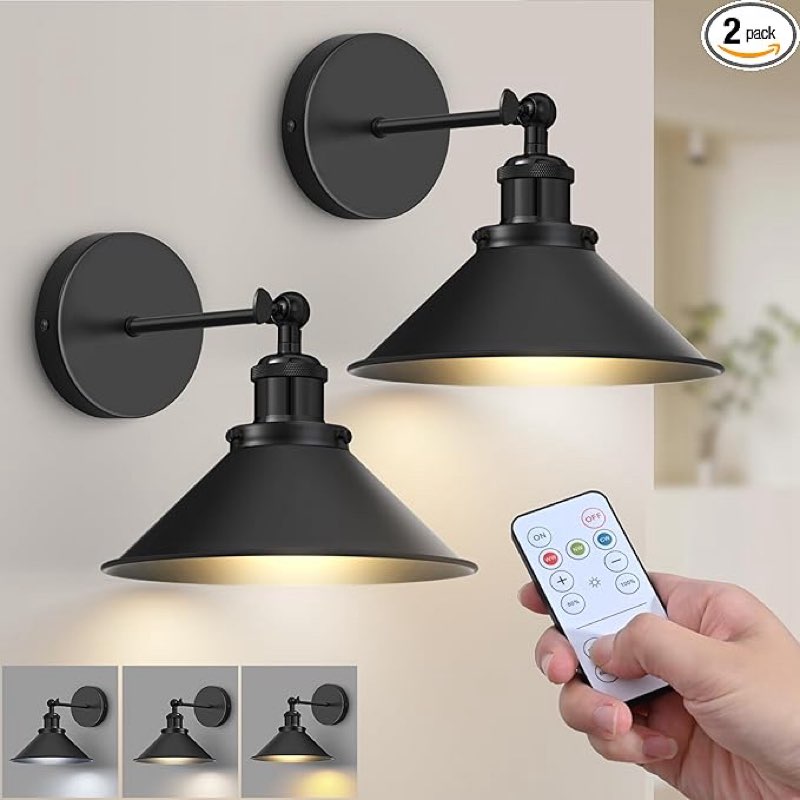 Battery Operated Wall Sconce Set of 2,Vintage Wireless Wall Sconces with Remote,Dimmable Led Wall Lights,Wall Lamp Fixture Indoor Bedroom Living Room Kitchen,LED Bulbs Included,Black