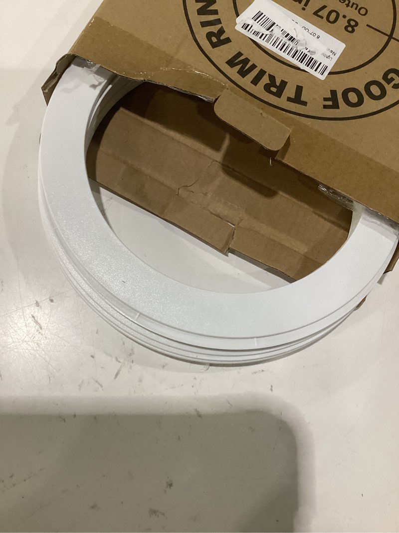 Condition photo showing As Is for 6 pack matte white goof trim ring for 6" inch recessed can lighting down light, outer diameter 8.07 inches, inner diameter 6.2 inches