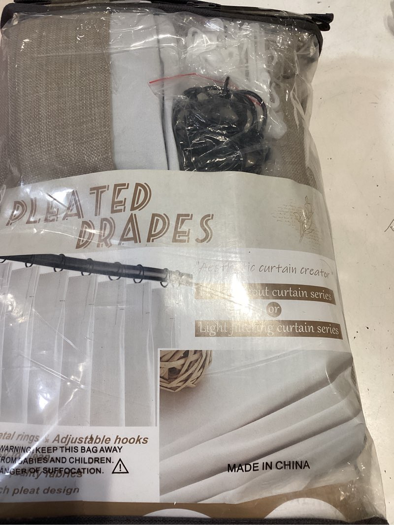 Condition photo showing Good Condition for pinch pleated blackout office curtains 105 inches extra long 2 panels set, greyish beige memory trained room darkening dual layer linen blend noise blocking insulated elegant windows curtain & drapes greyish beige 40"w x 105"l (pack of 2)