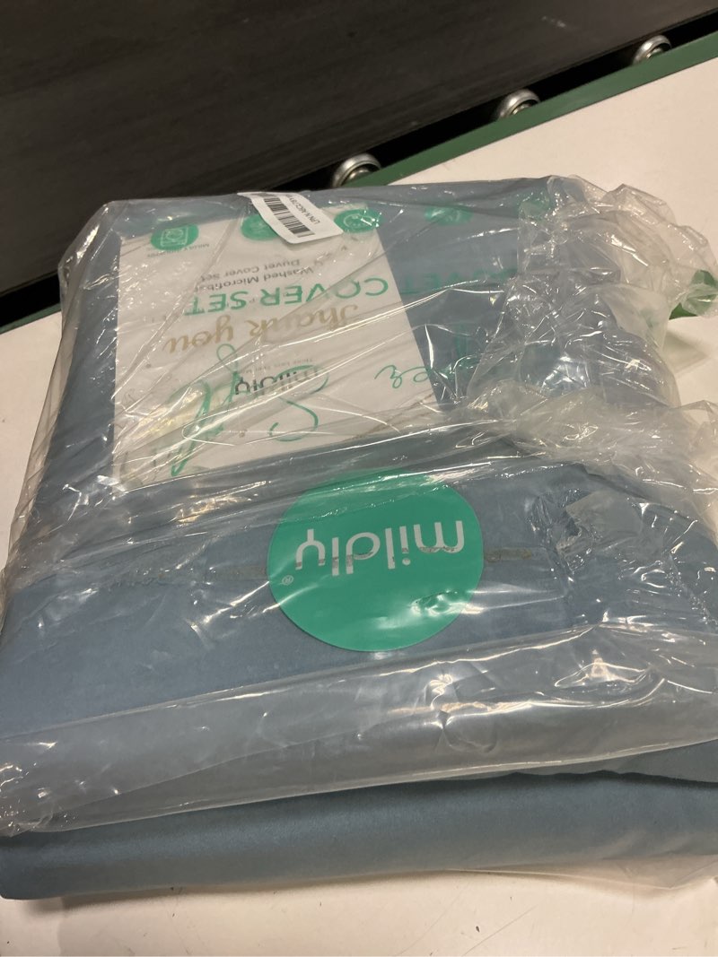 Condition photo showing As Is for mildly super soft duvet cover - 100% washed microfiber haze blue comforter cover set 3 pieces with zipper closure & corner ties (no comforter) 03 - haze blue (no comforter) queen (90"x90")