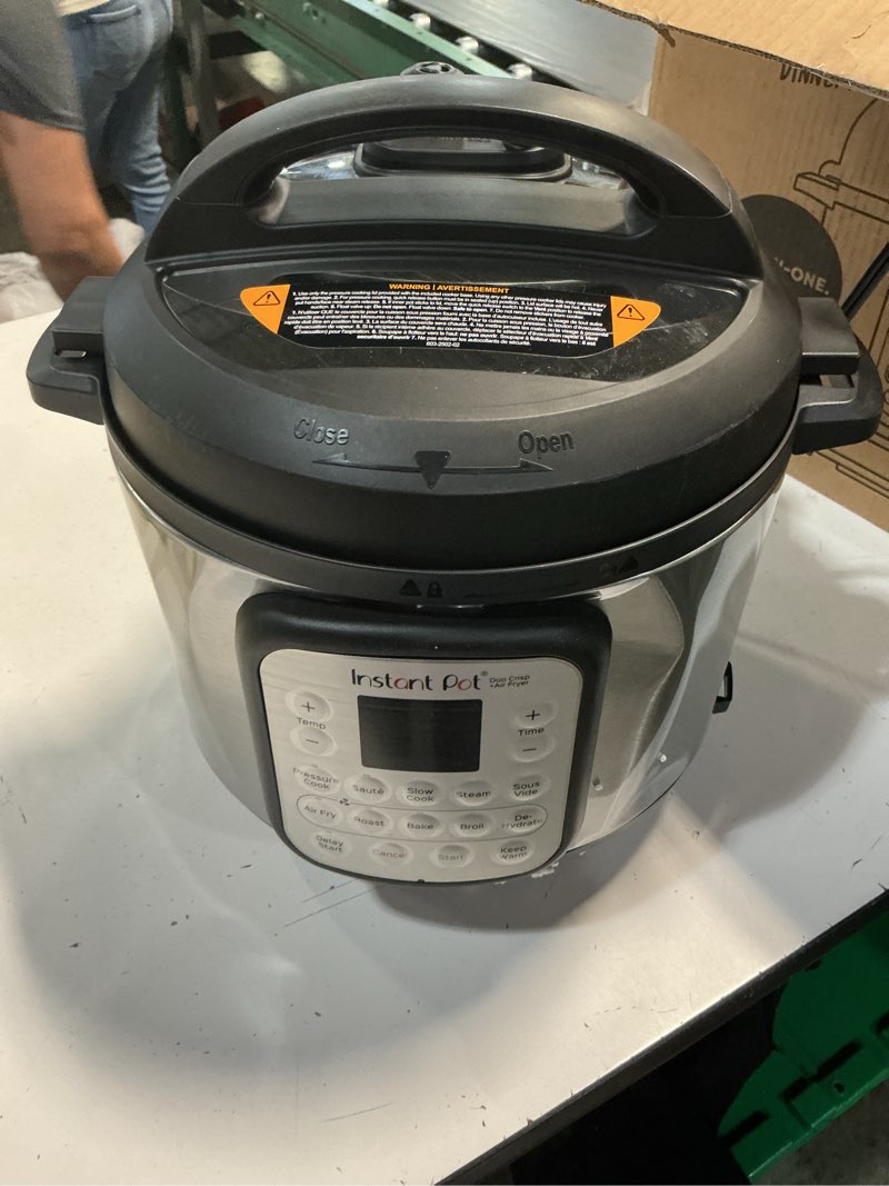 Condition photo showing As Is for instant pot duo crisp 11-in-1 air fryer and electric pressure cooker combo with multicooker lids that air fries, steams, slow cooks, sautés, dehydrates, & more, free app with over 800 recipes, 6 quart 6 qt