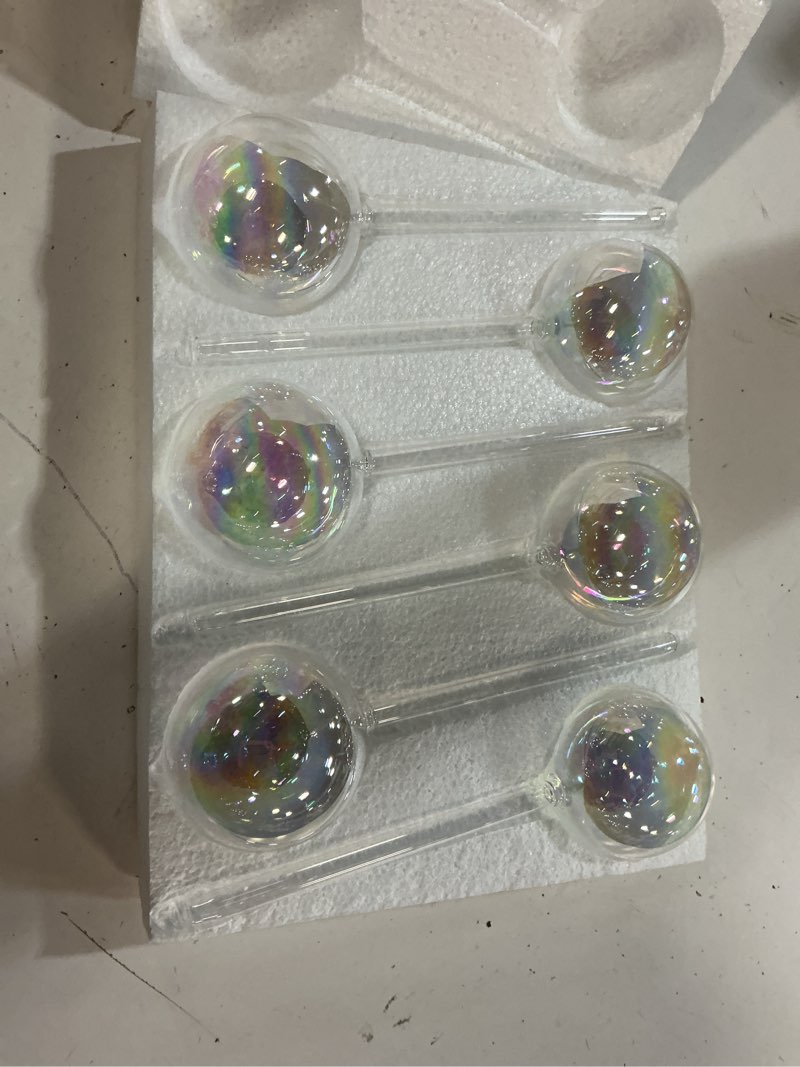 Condition photo showing Good Condition for 6 pack large plant watering globes,iridescent rainbow glass self-watering bulbs,watering globe planter insert for indoor & outdoor plants,diy,flowerpot,hanging plants,home garden