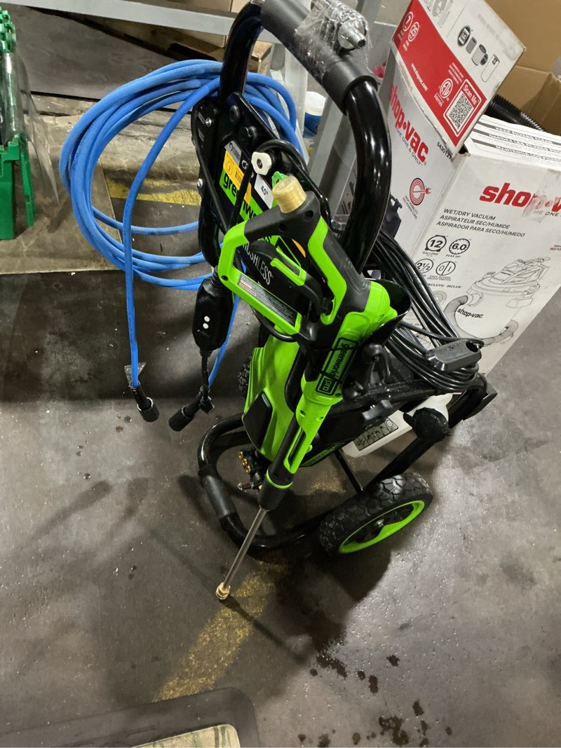 Condition photo showing As Is for greenworks 3000-psi 2.0-gpm cold water electric pressure washer with 5 spray tips
