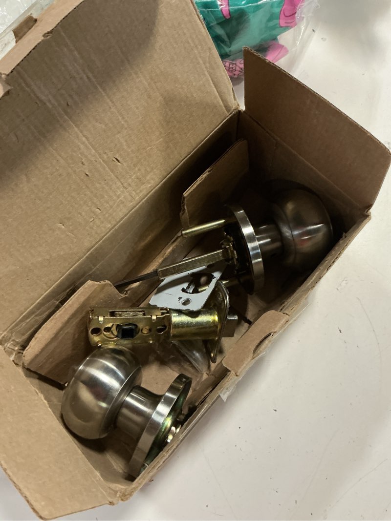 Condition photo showing As Is for schlage f40 geo 619 georgian door knob, bed & bath privacy lock, satin nickel satin nickel 1 pack