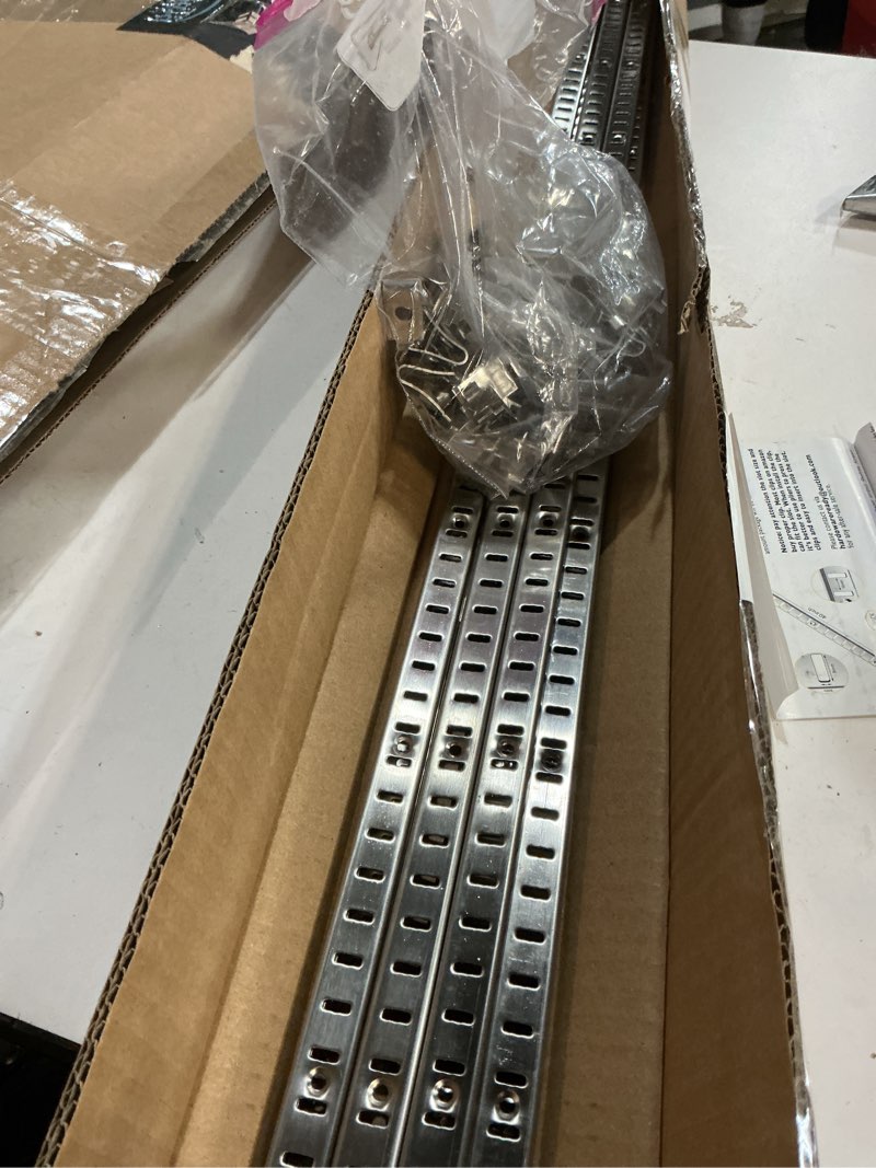 Condition photo showing As Is for Xadnitu 8 Pieces 17" Shelf Pilaster Tracks, Adjustable Shelf Bracket Rails with Mount Screws for Cabinet, Closet, Shelves Storage and Organization, Shelf Clips Not Included 8 Only 17" Shelf Pilasters