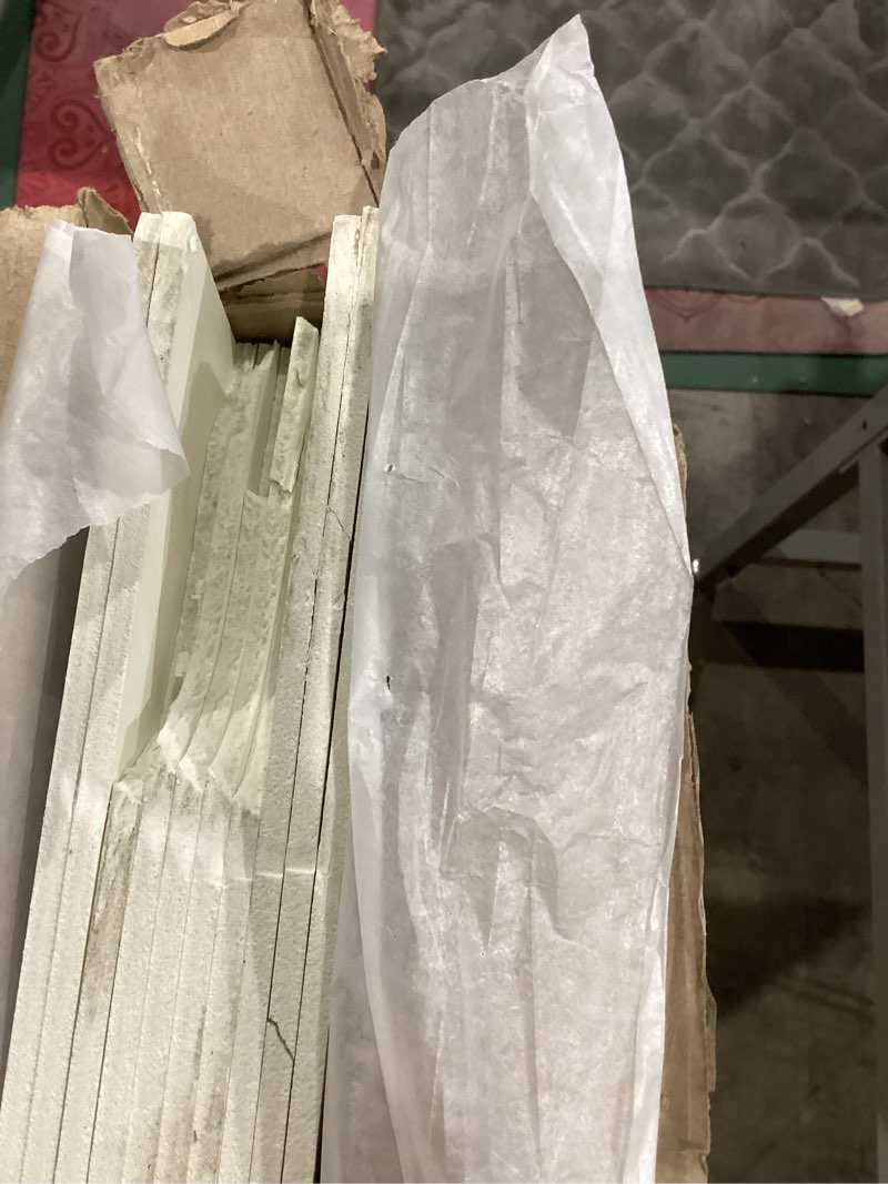 Condition photo showing As Is for smooth white drop ceiling tile 2ft x 4ft, ceiling panel 24 x 48in – waterproof, washable and fire-rated - to prevent breakage-cover 80 sq. ft-package of 10 tiles white 2x4