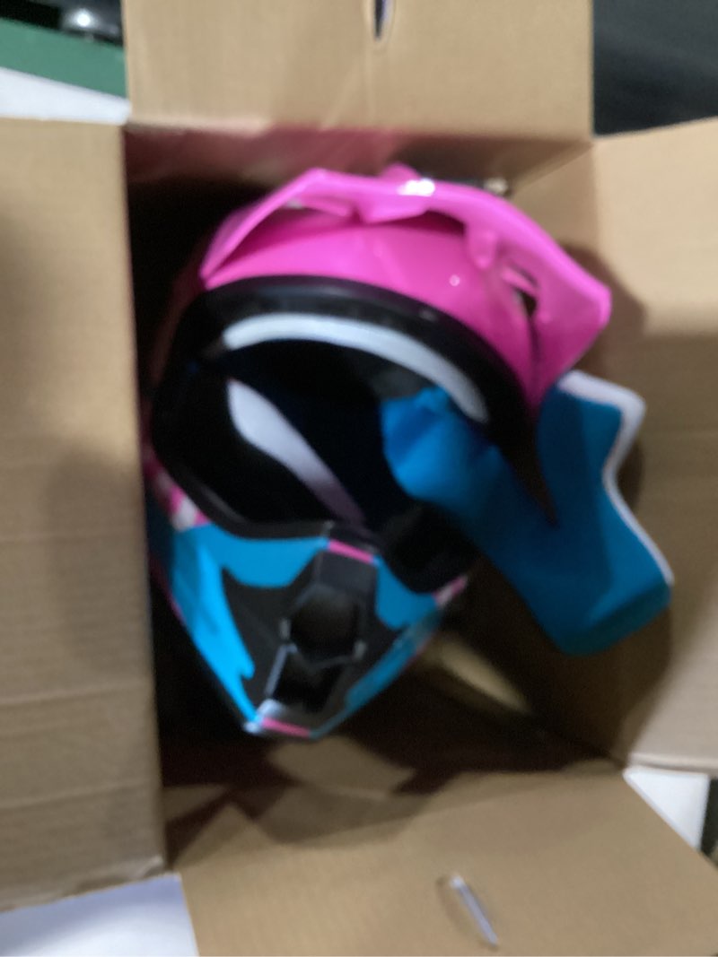 Condition photo showing New/Like New for youth dirt bike helmet dot certified - full face motorcycle helmet for off-road, atv, street riding, includes adjustable goggles & protective gloves pink small