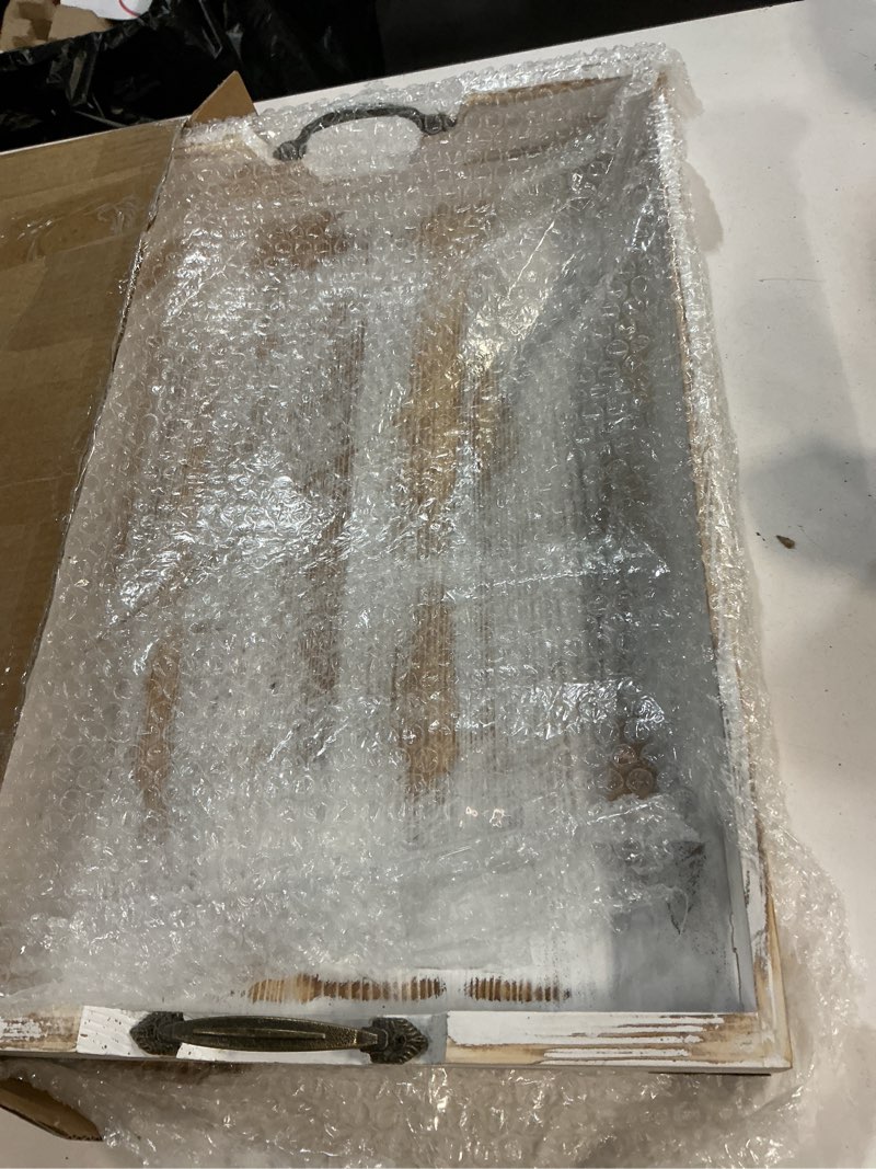 Condition photo showing Good Condition for Large Wood Rectangular Serving Tray 20 x 14 Inch Rustic Wooden Ottoman Tray with Metal Handle and Wrapped Corners, Wood Coffee Table Tray Solid Pine Decorative Tray Whitewashed