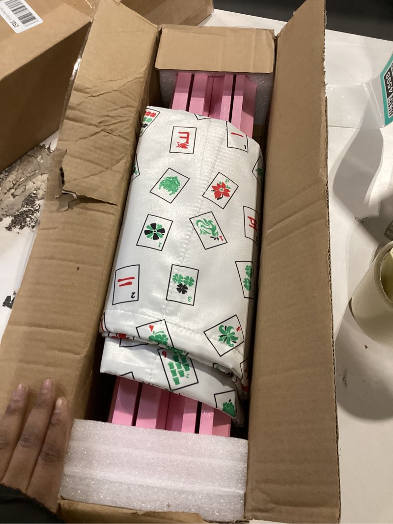 Condition photo showing Good Condition for mahjong racks with pushers, pink wooden american mahjong tile pushers and racks set of 4, with white printed mahjong racks drawstring bag, mahjong accessories (19.68 inches)