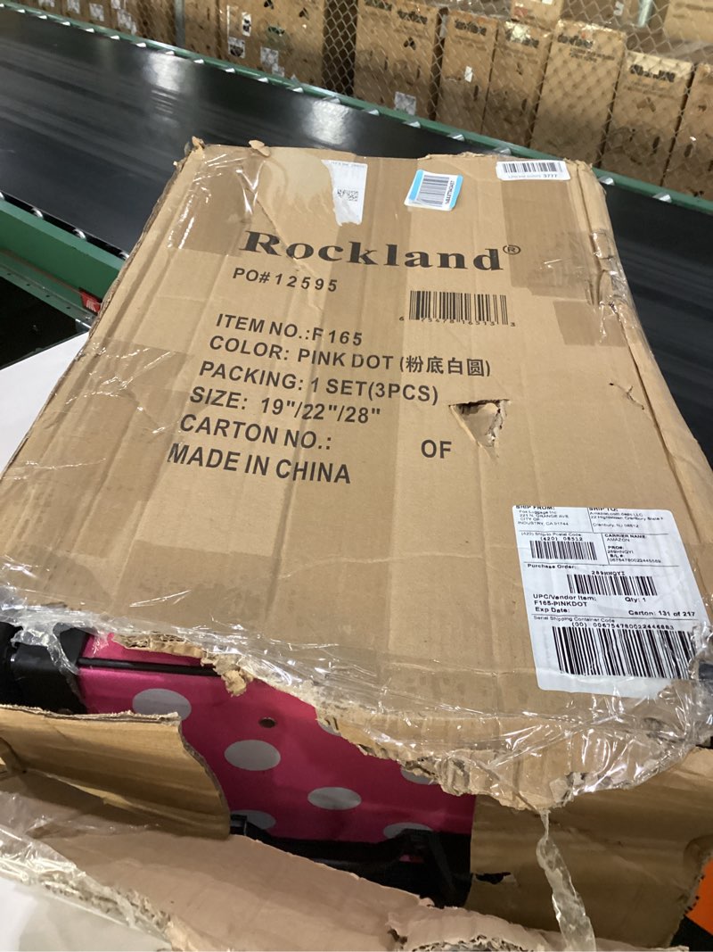 Condition photo showing Good Condition for rockland vara softside 3-piece upright luggage set, expandable,lightweight,telescopic handle,wheel, pink dots, 20 inches,22 inches,28 inches pink dot 3-piece set