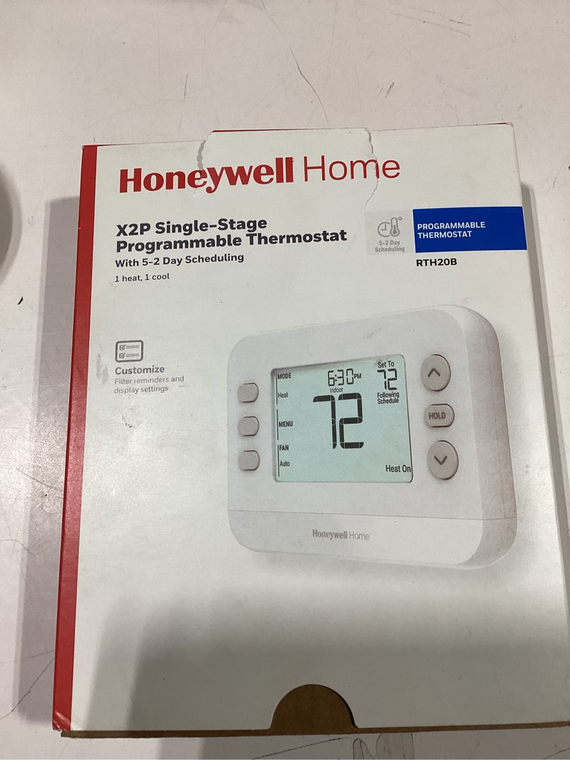 Condition photo showing Good Condition for New! Honeywell Home Programmable Thermostat, Single-Stage, 1 Heat/1 Cool Compatibility, 5-2 Day Schedule, X2P, White, RTH20B Single-Stage Compatible 5-2 Day Programmable