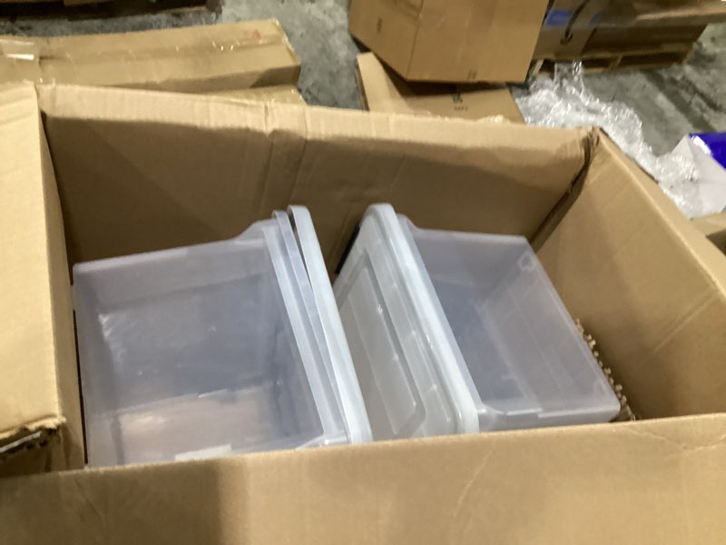 Condition photo showing As Is for iris usa file box weatherpro organizer plastic for letter/legal, water resistant document, durable lid, seal w/secure latching buckles, stackable, nestable, clear 32 qt. 1 pack weatherpro - 1 pack