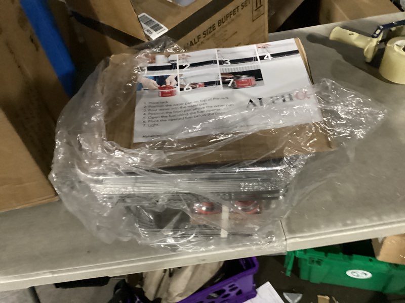 Condition photo showing New/Like New for disposable chafing dish buffet set, 39 piece of chafing servers with food warmers, covers, half-size food pans, water trays, serving utensils, foil lids and 2.5h fuel cans for parties, catering