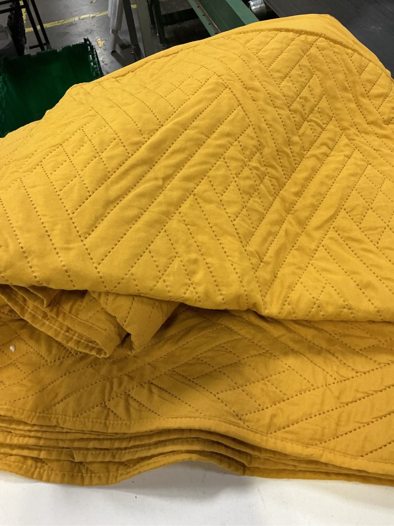 Condition photo showing Good Condition for lavsiry mustard yellow quilt king size with striped pattern, lightweight soft summer thin microfiber bedspread & coverlet bedding set for all seasons - 3 piece(1 quilt, 2 pillow shams) mustard yellow king(106"x96")